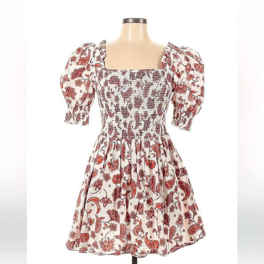 Everlily paisley patterned white and red puffed sleeve smocked milkmaid dress, L
